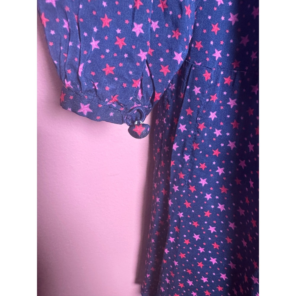 Navy Blue Pink Star Print V-Neck Long Sleeve Mini Dress Elastic Waist Womens S - Picture 4 of 5